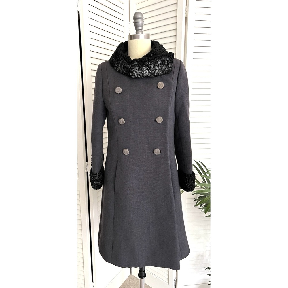 Vintage Princess Coat Size S Gray Wool Persian Lamb Fur Trim Double Breasted
